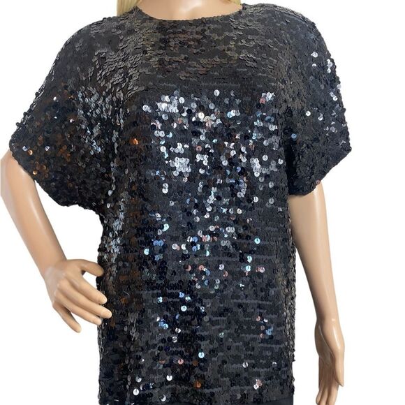 Vintage Black silk sequins top blouse by Jennifer Moore short sleeve cocktail - Picture 1 of 6